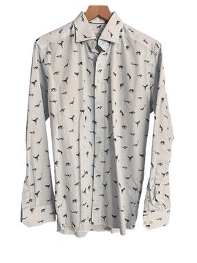 Eton White Shirt with Blue Pinstripes and Multicolor Animal & Bird Motifs